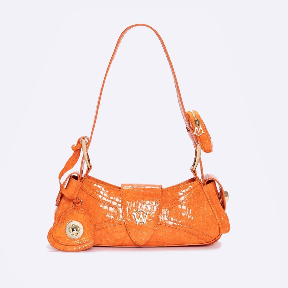 Orange Croc-Embossed Shoulder Bag